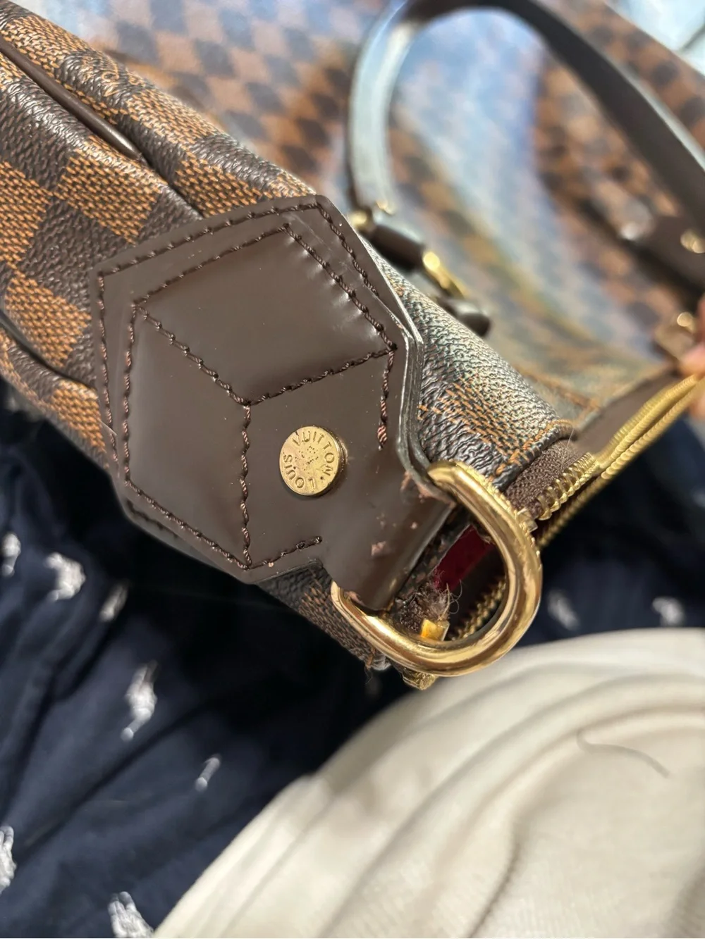 Louis Vuitton Brown Damier Shoulder Bag with Burgundy Interior